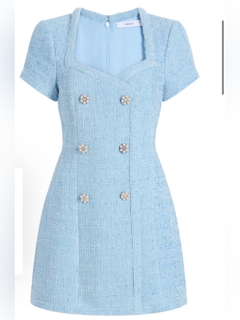 Likely Gia Baby Blue Tweed Short Sleeve Pearl Button Dress
